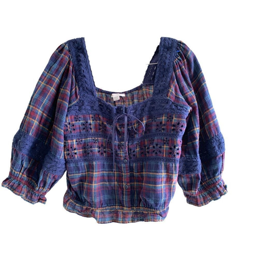 American Eagle Cottagecore Cropped Ballon Sleeves Blue Cotton Top Blouse